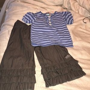 Blue ruffled shirt with brown ruffle pants